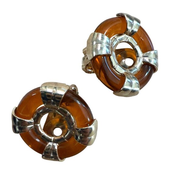 Vintage Sarah Coventry Amber-Toned Gold Clip-On Earrings Nautical Round Retro Co - Picture 1 of 6